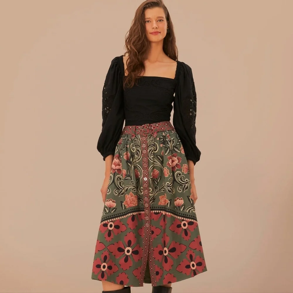 New FARM RIO Arabesque Floral Midi Skirt Size S